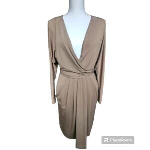 BCBG MAX AZARIA Taupe Olive Drape & Pleated Pocketed Wrap Dress Size Small